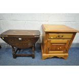 A SMALL OAK DROP LEAF OCCASIONAL TABLE, along with a pine bedside cabinet (condition:-good