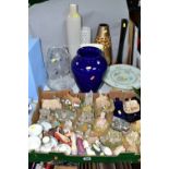 A BOX AND LOOSE CERAMICS, GLASS AND ORNAMENTS ETC, to include a Crown Devon cake stand, ceramic