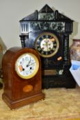 TWO MANTEL CLOCKS, comprising a Victorian black slate and marble mantel clock, the case of