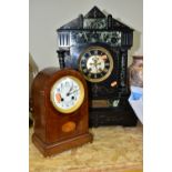 TWO MANTEL CLOCKS, comprising a Victorian black slate and marble mantel clock, the case of