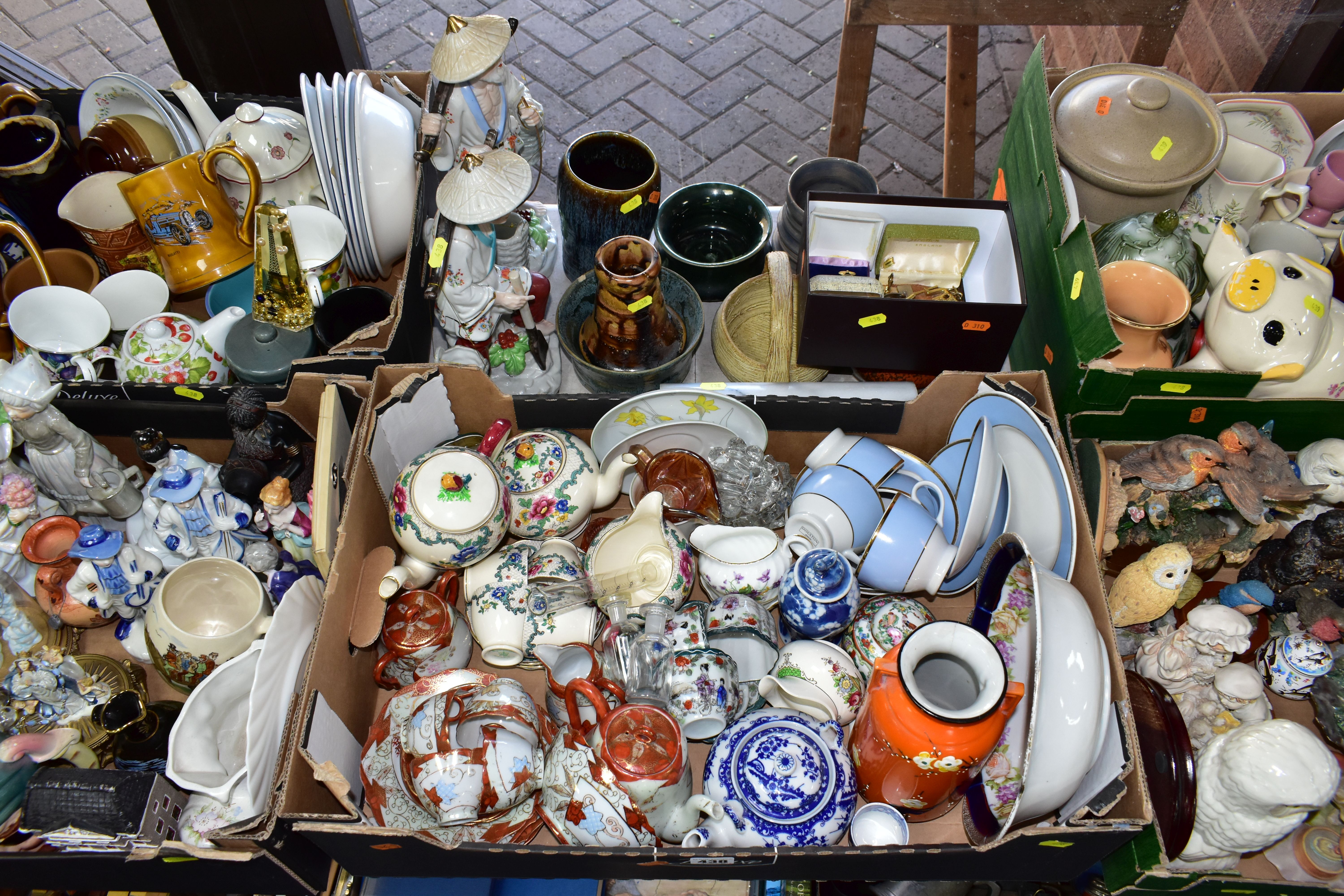 FIVE BOXES OF CERAMICS AND ASSORTED ORNAMENTS, to include a Japanese Mitsu Boshi vase decorated with