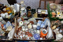 FIVE BOXES OF CERAMICS AND ASSORTED ORNAMENTS, to include a Japanese Mitsu Boshi vase decorated with