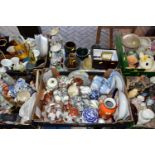 FIVE BOXES OF CERAMICS AND ASSORTED ORNAMENTS, to include a Japanese Mitsu Boshi vase decorated with