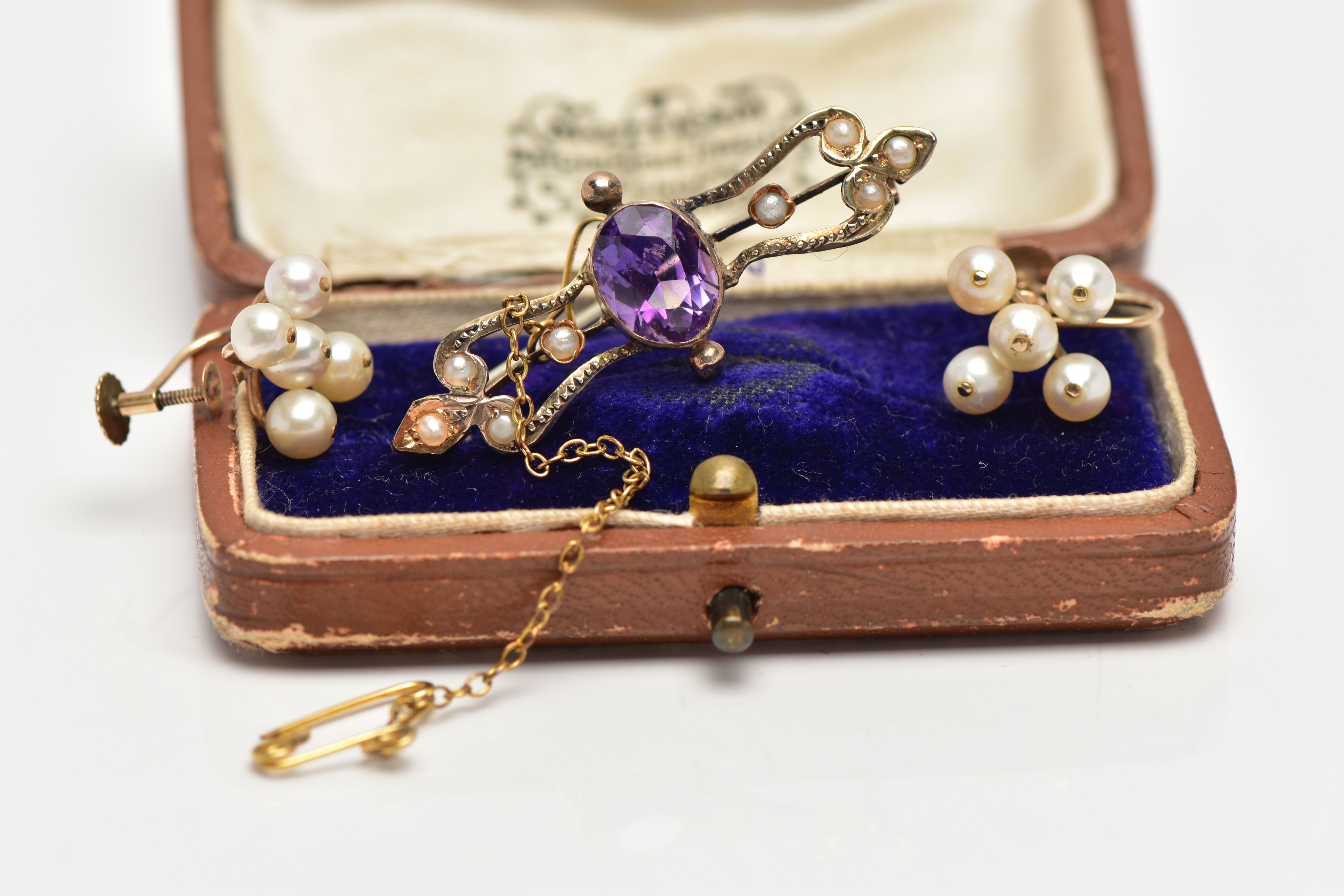 TWO LATE 19TH CENTURY BAR BROOCHES AND A PAIR OF EARRINGS, the first bar brooch comprised of three - Image 8 of 13