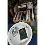 THREE BOXES OF BOOKS AND SUNDRY ITEMS to include over thirty books, a 1911 Whittier Poetical