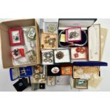 A BOX OF ASSORTED COSTUME JEWELLERY, to include a white metal and butterfly wing brooch, stamped