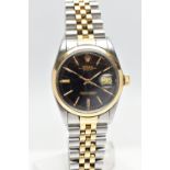 A 'ROLEX OYSTER PERPETUAL DATE-JUST' WRISTWATCH, round black dial signed 'Rolex Oyster Perpetual