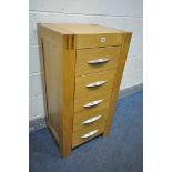 A TALL LIGHT OAK CHEST OF FIVE DRAWERS, width 52cm x depth 42cm x height 100cm