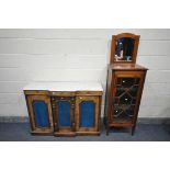 A VICTORIAN WALNUT AND MARQUETRY INLAY BREAKFRONT CREDENZA, with a white marble top, over two