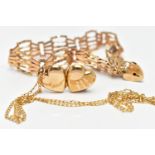 A 9CT GOLD GATE BRACELET AND 9CT GOLD LOCKET WITH CHAIN, the first a fancy spiral link gate
