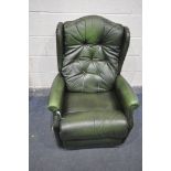 A GREEN LEATHER MANUAL RECLINING BUTTONED WING BACK ARMCHAIR, width 78cm (condition - some