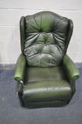 A GREEN LEATHER MANUAL RECLINING BUTTONED WING BACK ARMCHAIR, width 78cm (condition - some