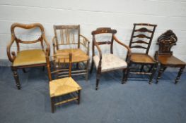 A SELECTION OF PERIOD CHAIRS, to include a 19th century elm Sussex armchair (rickety frame and fluid
