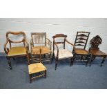 A SELECTION OF PERIOD CHAIRS, to include a 19th century elm Sussex armchair (rickety frame and fluid