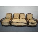 A 20TH CENTURY MAHOGANY AND BEGERE THREE PIECE SUITE, comprising a two seater sofa and an