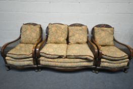 A 20TH CENTURY MAHOGANY AND BEGERE THREE PIECE SUITE, comprising a two seater sofa and an