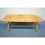 AN ERCOL BLONDE ELM AND BEECH WINDSOR COFFEE TABLE, length 105cm x depth 46cm x height 38cm (