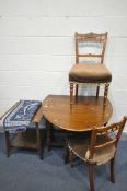 AN OAK BARLEY TWIST GATE LEG TABLE, two Edwardian chairs, a walnut occasional table, and a rug (5)