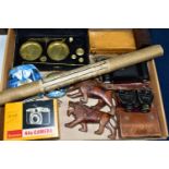 A BOX AND LOOSE SUNDRY ITEMS AND PICTURES ETC, to include a pair of leather cased J.D Moeller Tourex