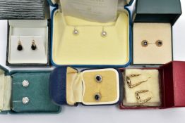 A SELECTION OF STUD EARRINGS, to include a pair of 9ct yellow gold, single cut diamond cluster