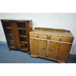 AN OAK SIDEBOARD, with two drawers, width 120cm x depth 48cm x height 98cm, and an oak two door