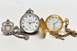A SILVER OPEN FACE POCKET WATCH AND A BENTIMA POCKET WATCH, silver open face key wound pocket watch,