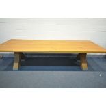 A LARGE RECTANGULAR SOLID OAK FARMHOUSE STYLE TABLE, on twin cross shape legs, length 300cm x