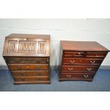 AN OLD CHARM OAK LINENFOLD BUREAU, with a fitted interior and four exterior drawers, width 76cm x