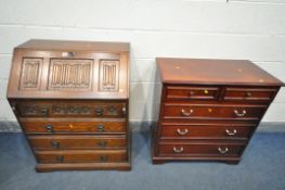 AN OLD CHARM OAK LINENFOLD BUREAU, with a fitted interior and four exterior drawers, width 76cm x
