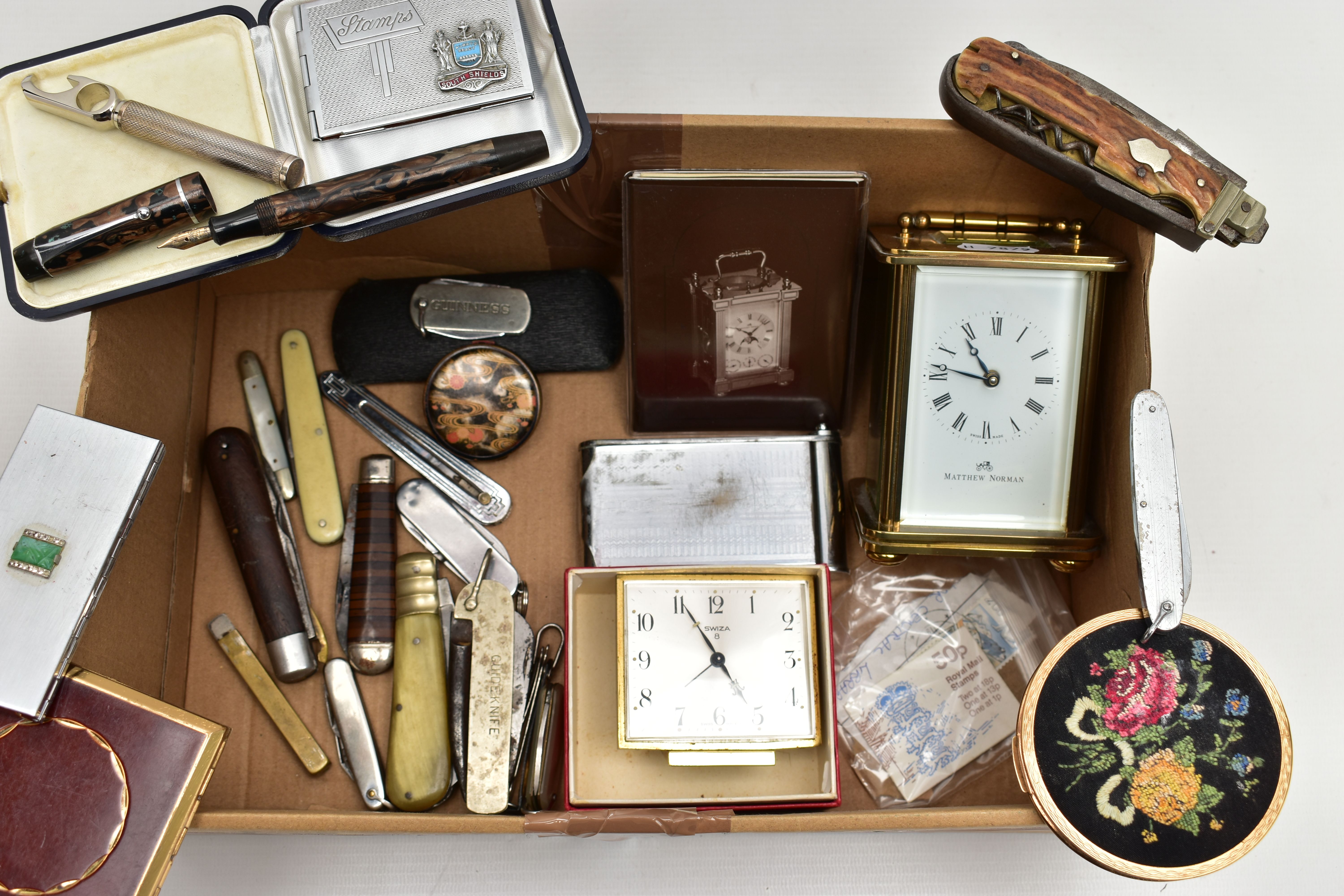 A BOX OF MISCELLANEOUS ITEMS, to include a 'Matthew Norman' carriage clock, key wound with papers, a