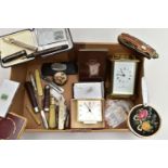 A BOX OF MISCELLANEOUS ITEMS, to include a 'Matthew Norman' carriage clock, key wound with papers, a