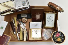 A BOX OF MISCELLANEOUS ITEMS, to include a 'Matthew Norman' carriage clock, key wound with papers, a