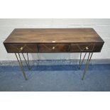 A TAHLIA WALNUT THREE DRAWER CONSOLE TABLE, on hairpin legs, length 115cm x depth 44cm x height