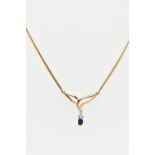 A 9CT YELLOW GOLD, SAPPHIRE AND DIAMOND NECKLACE, V-shape openwork pendant suspending a four claw
