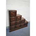 A HARDWOOD STEP STORAGE CHEST OF TEN DRAWERS, width 120cm x depth 33cm x height 110cm