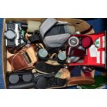 A BOX OF PHOTOGRAPHIC EQUIPMENT AND BINOCULARS ETC, to include an Olympus OM-1N 35mm SLR film camera