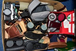 A BOX OF PHOTOGRAPHIC EQUIPMENT AND BINOCULARS ETC, to include an Olympus OM-1N 35mm SLR film camera