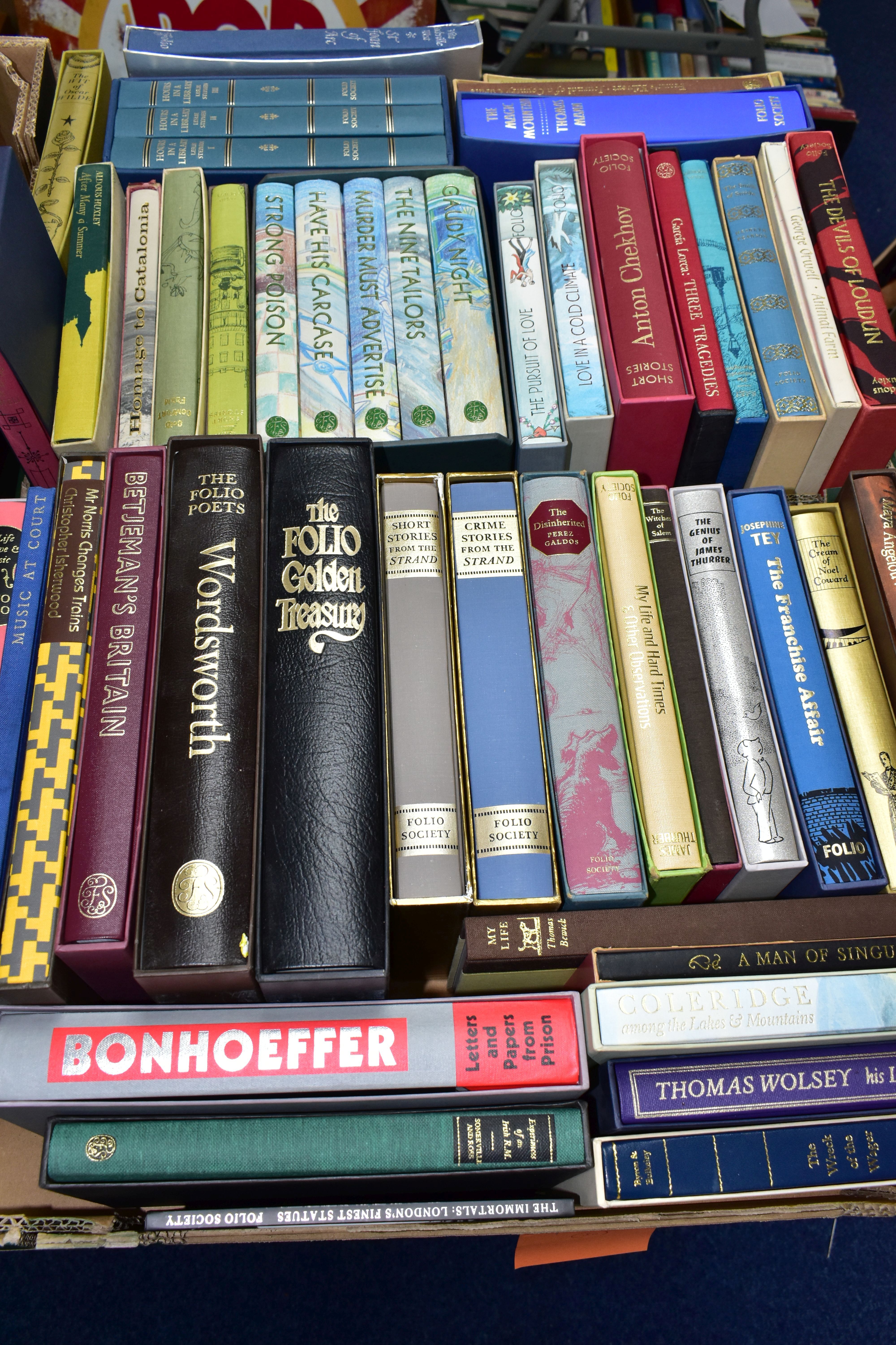 BOOKS, two boxes containing fifty FOLIO SOCIETY publications in hardback format to include five