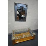 A MODERN RECTANGULAR GLASS TOP COFFEE TABLE, and a silvered rectangular wall mirror, 100cm x 76cm