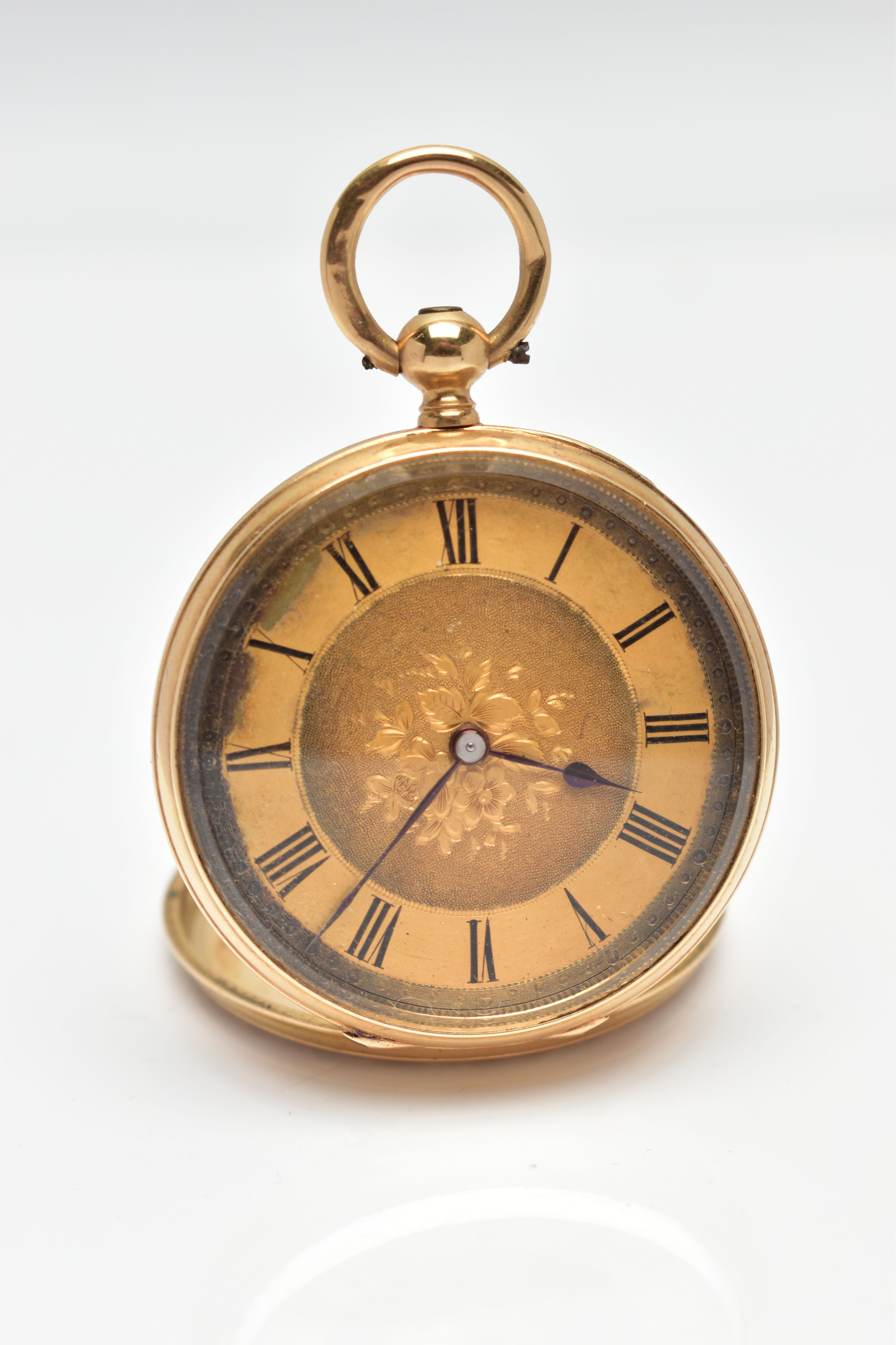 A LATE 19TH CENTURY 18CT GOLD POCKET WATCH, a ladys key wound pocket watch, gold tone floral dial, - Image 3 of 7