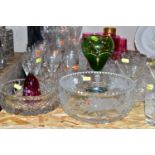 A QUANTITY OF CUT CRYSTAL AND OTHER GLASSWARES, comprising a Royal Doulton cranberry glass bell,