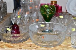 A QUANTITY OF CUT CRYSTAL AND OTHER GLASSWARES, comprising a Royal Doulton cranberry glass bell,