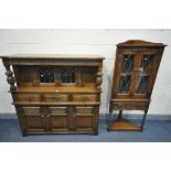 AN OLD CHARM OAK LEAD GLAZED CORNER CUPBOARD, with a single drawer on turned legs and undershelf,