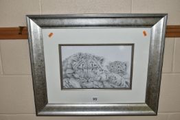 ATTRIBUTED TO PETER HILDICK (BRITISH CONTEMPORARY) 'SNOW LEOPARD AND CUB', a pencil drawing