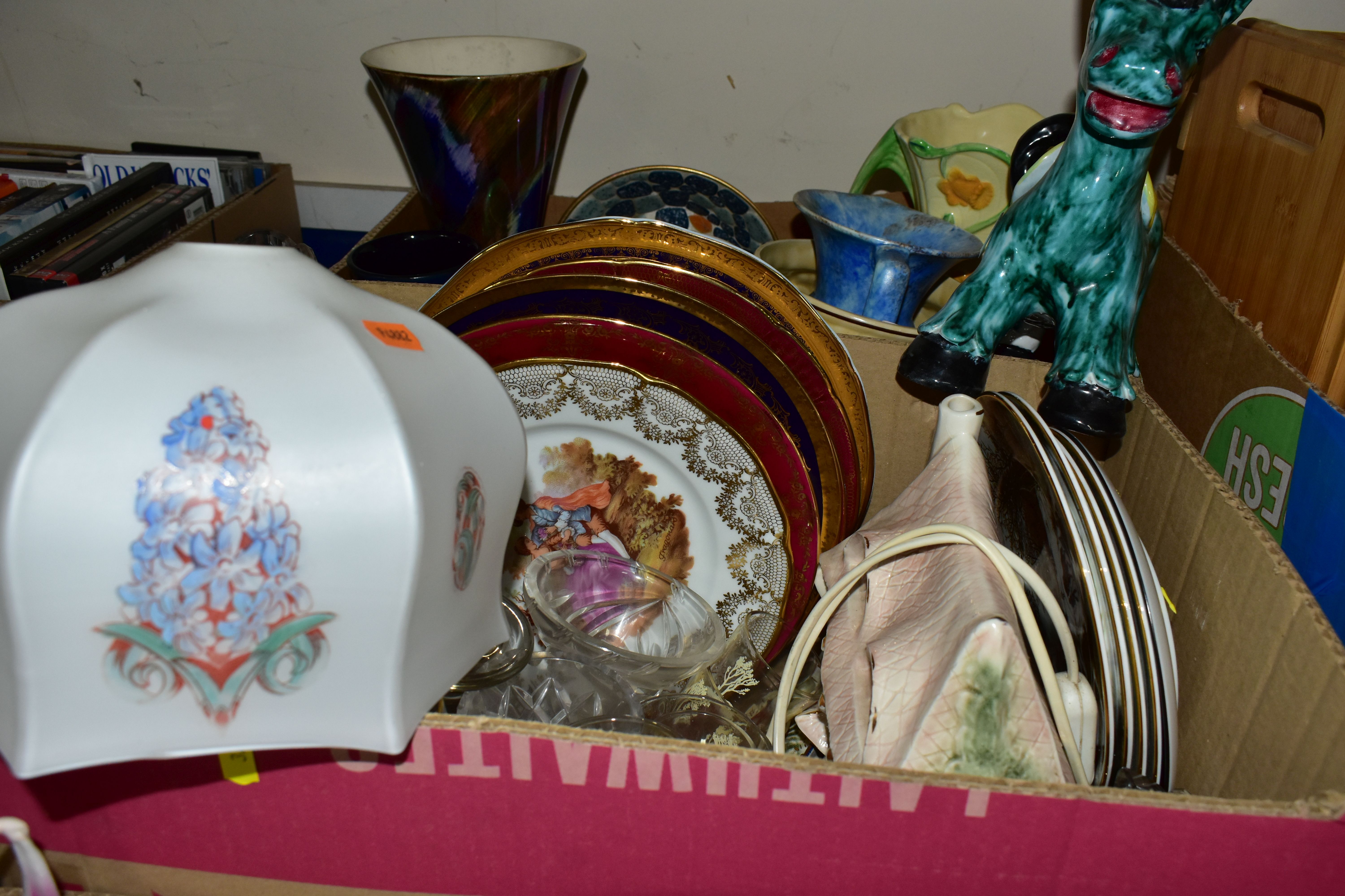 THREE BOXES OF CERAMICS AND GLASSWARES, to include two Old Court Ware lustre vases height of tallest - Bild 4 aus 10