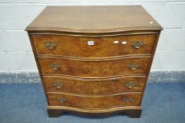 A GEORGIAN STYLE WALNUT BOW FRONT CHEST OF FOUR LONG DRAWERS, on bracket feet, length 79cm x depth