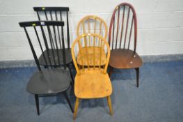 A pair of Ercol style elm Windsor kitchen chairs, a model 365 Quaker Windsor chair, and a pair of