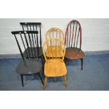 A pair of Ercol style elm Windsor kitchen chairs, a model 365 Quaker Windsor chair, and a pair of