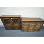 A 20TH CENTURY OAK OLD CHARM STYLE SIDEBOARD, with two drawers over two cupboard doors, width