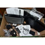 A BOX OF ELECTRONIC EQUIPMENT, comprising a Panasonic Compact Stereo System model no SC-HC28DB, with